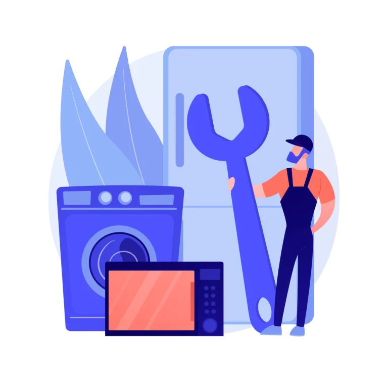 Serwisant AGD stojący obok pralki i lodówki podczas diagnostyki sprzętu