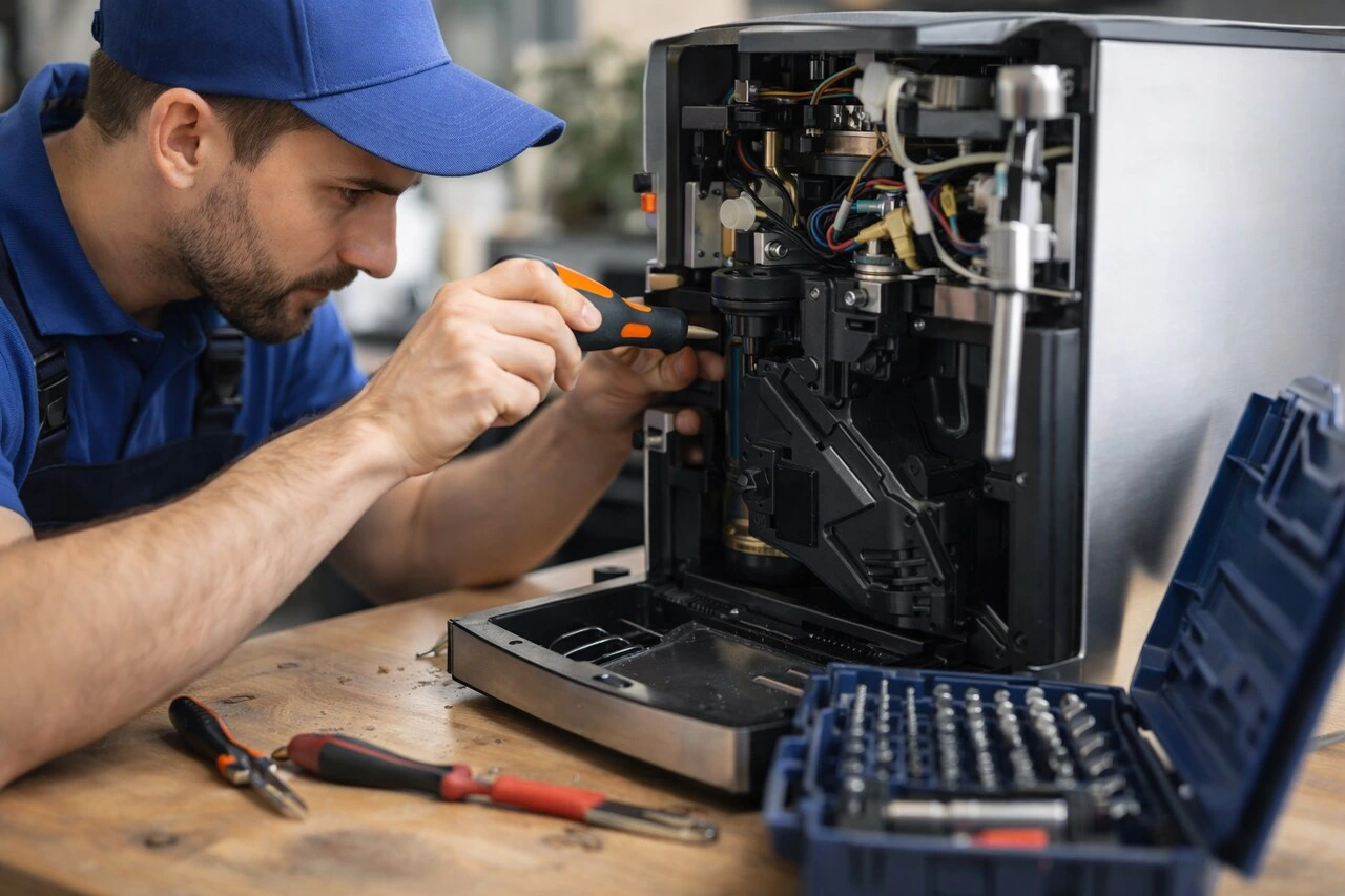 Serwisant naprawia ekspres do kawy w domu klienta – Profesjonalny serwis AGD Szczecin