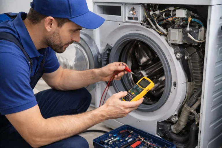 Fachowiec naprawia pralkę w domu klienta – Usługi naprawy AGD Szczecin
