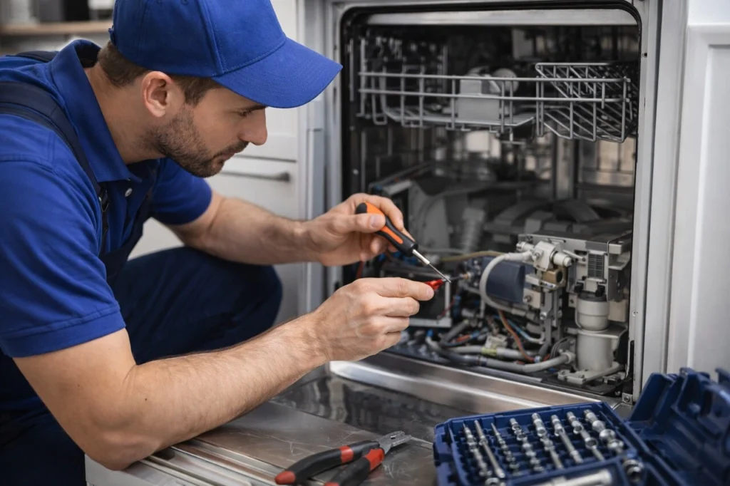 Fachowiec naprawia zmywarkę w domu klienta w Szczecinie