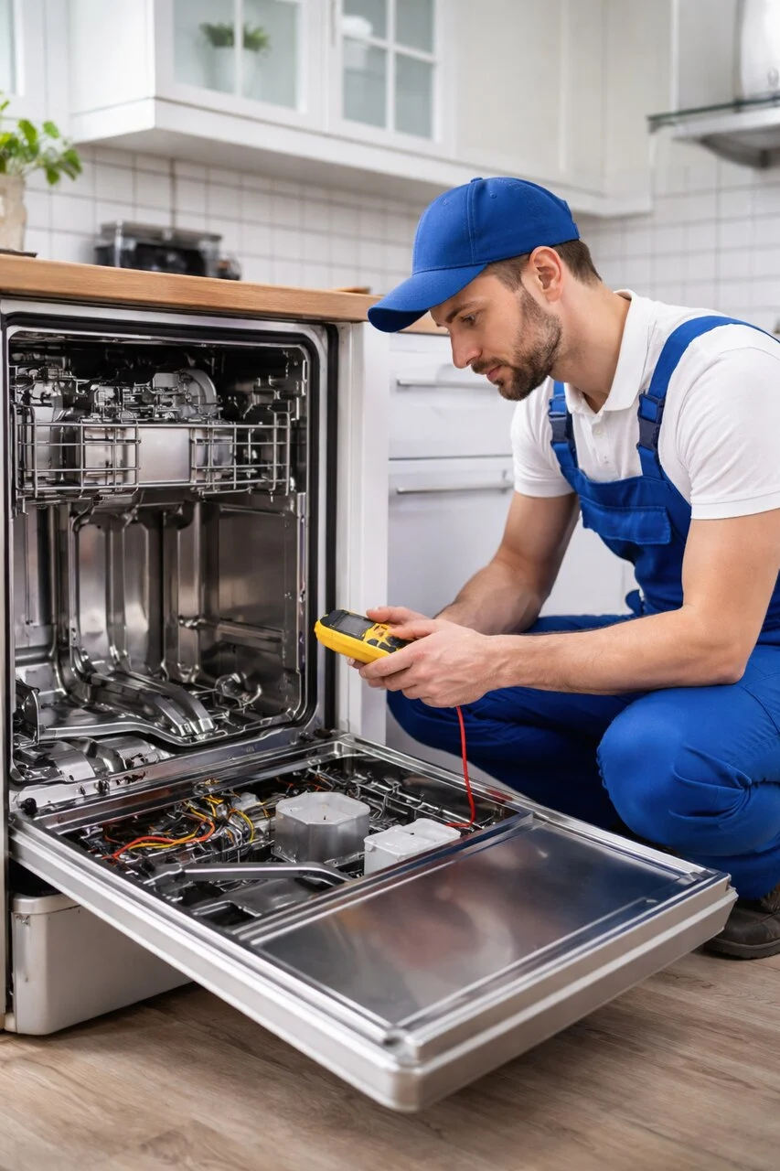Serwisant naprawia zmywarkę w domu klienta – Profesjonalny serwis AGD Szczecin