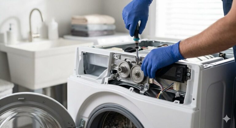 Serwisant w niebieskich rękawiczkach naprawia bęben otwartej pralki u klienta w Szczecinie na Prawobrzeżu.