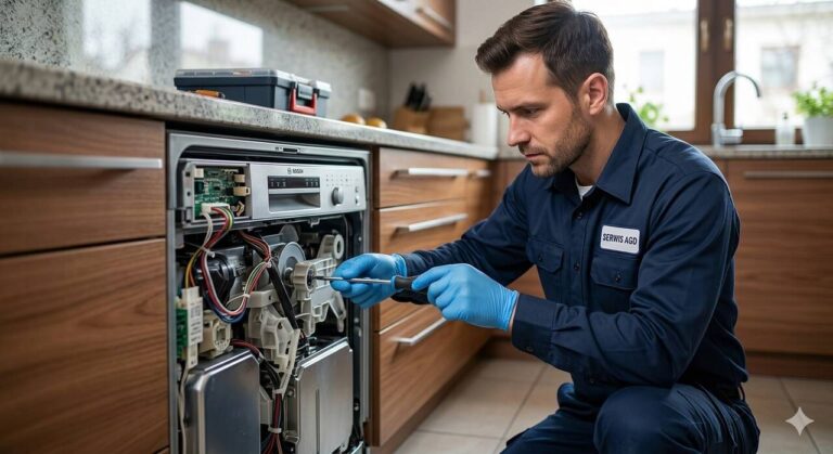 Technik serwisowy w niebieskich rękawiczkach naprawia panel sterowania zmywarki Bosch w Szczecinie na Prawobrzeżu.