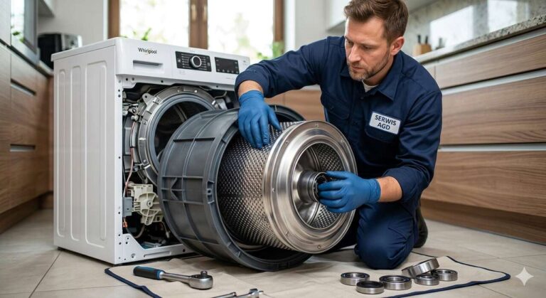 Profesjonalny serwisant AGD w niebieskich rękawiczkach wyjmuje bęben pralki w celu wymiany zużytych łożysk u klienta w Szczecinie na Pogodnie.