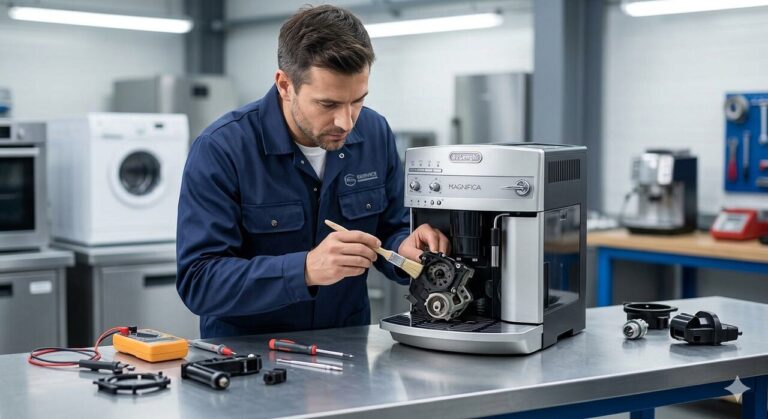 Serwisant AGD w Szczecinie naprawia blok zaparzający w ekspresie DeLonghi.
